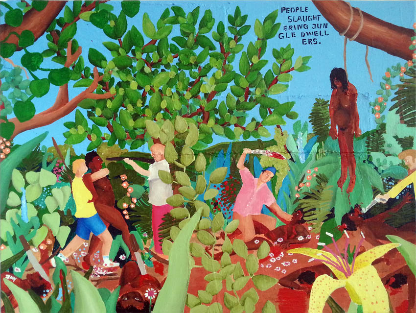 Bad Painting by Jay Rechsteiner, People slaughtering Jungle dwellers.