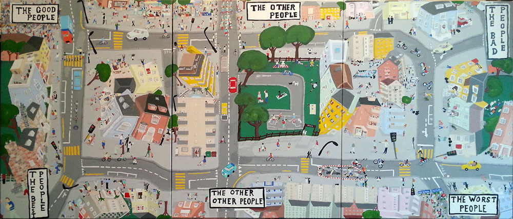 Quality of people, painting by Jay Rechsetiner, aerial view of city